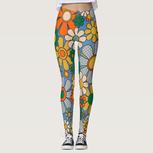 Groovy Retro 60s Hippie Flowers Cheerful Vintage Leggings (Front)