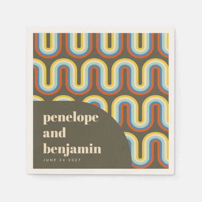 Groovy Retro 70s Art Olive Green Wedding Custom Napkin (Front)