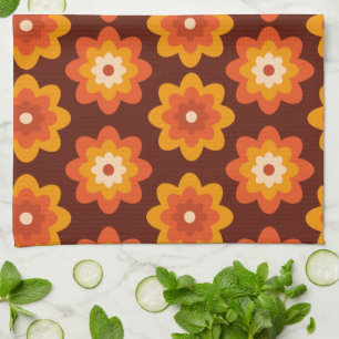 Groovy retro 70s boho hippie orange flower pattern tea towel
