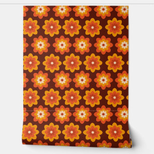 Groovy Retro 70s Boho Hippie Orange Flower pattern Wallpaper
