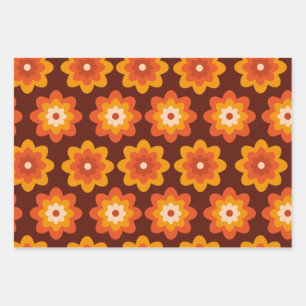 Groovy retro 70s boho hippie orange flower pattern wrapping paper sheet