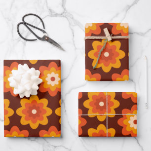 Groovy retro 70s boho hippie orange flower pattern wrapping paper sheet