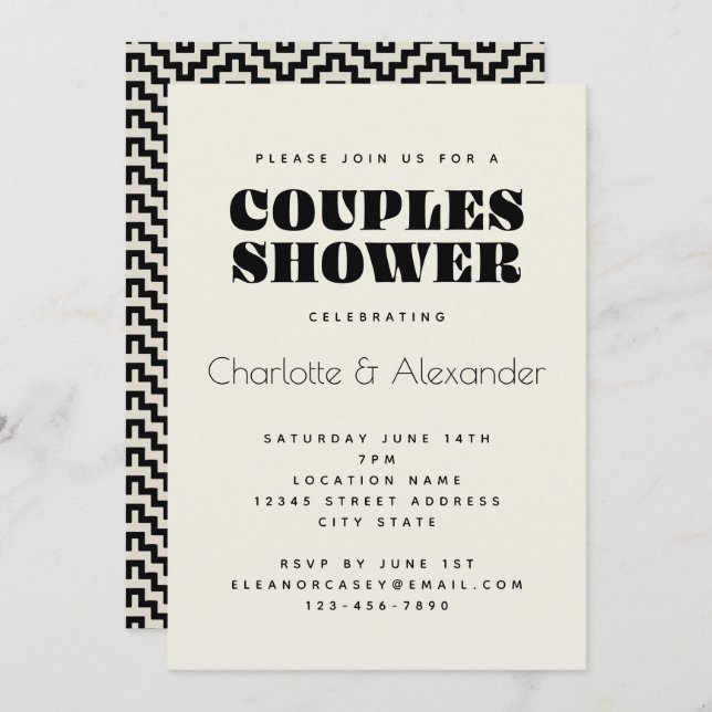 Groovy Retro 70s Design in Black Couples Shower Invitation (Front/Back)