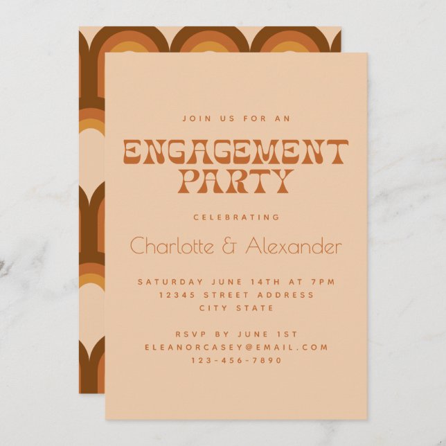 Groovy Retro 70s Design in Brown Engagement Party Invitation (Front/Back)