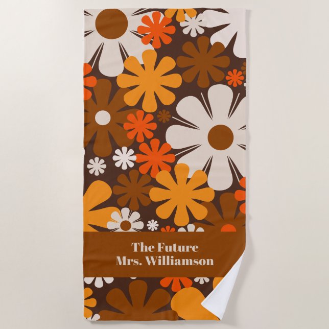 Groovy Retro 70s Floral Pattern Bride Bridal Beach Towel (Front)
