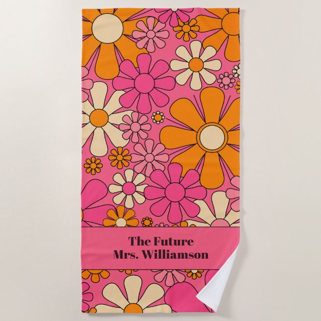 Groovy Retro 70s Floral Pattern Bride Bridal Pink Beach Towel (Front)