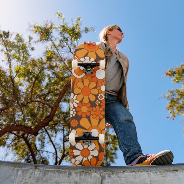 Groovy Retro 70s Floral Pattern Orange and Brown Skateboard (Outdoor 1)