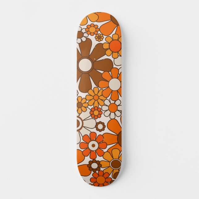 Groovy Retro 70s Floral Pattern Orange and Brown Skateboard (Front)