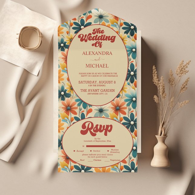 Groovy Retro 70s Floral Wedding All In One Invitation (Creator Uploaded)