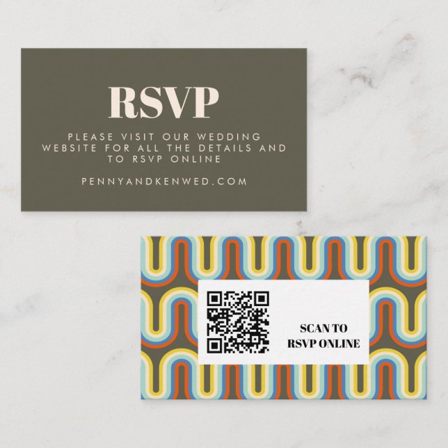 Groovy Retro 70s Olive Wedding Website QR Code Enclosure Card (Front/Back)
