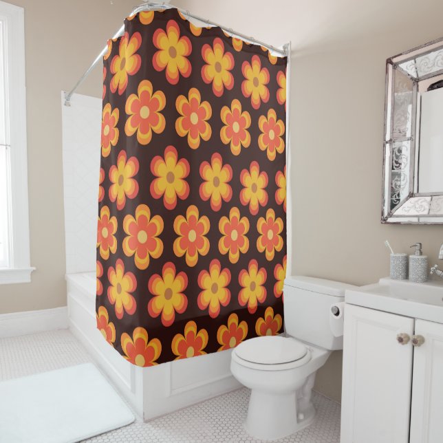 Groovy Retro 70s Orange and Yellow Flowers  Shower Curtain (In Situ)