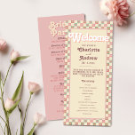 Groovy Retro 70s Summer Wedding Program Programme<br><div class="desc">This bold coral pink wedding program embraces a groovy 70s theme, featuring vibrant florals paired with a retro chequered border, and space for you to add your own wedding ceremony details and bridal party. This design is perfect for couples who love vintage charm with a modern twist. Ideal for retro-inspired,...</div>