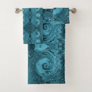 Groovy Retro Abstract Black and Teal Swirl Bath Towel Set