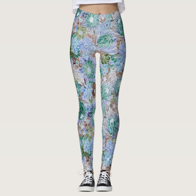 Groovy Retro Blue Protea And Daisy Pattern  Leggings (Front)