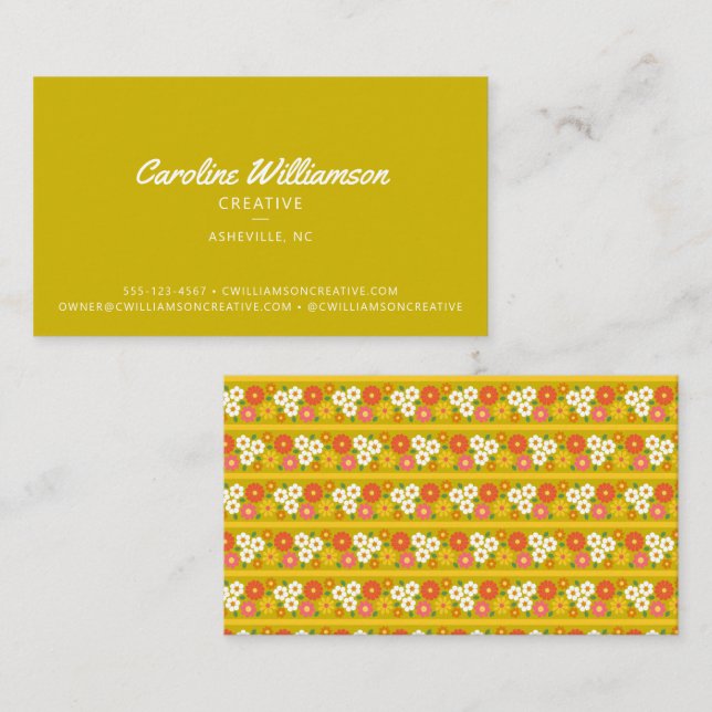 Groovy Retro Boho Chartreuse Green Floral  Business Card (Front/Back)