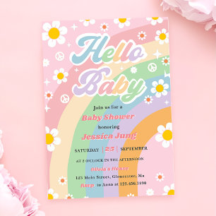 Groovy Retro Boho Daisy Hello Baby Shower Party Invitation
