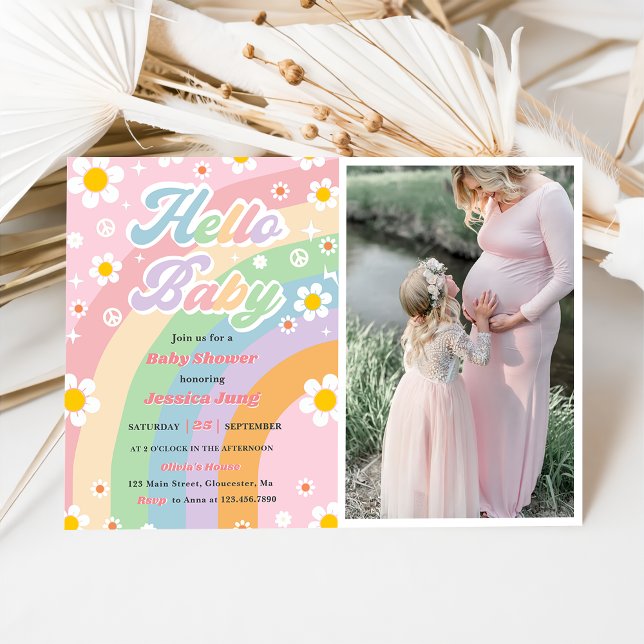 Groovy Retro Boho Daisy Hello Baby Shower Party Invitation (Creator Uploaded)