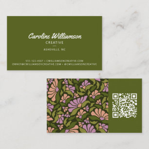 Groovy Retro Boho Earthy Green Botanical Trendy QR Business Card