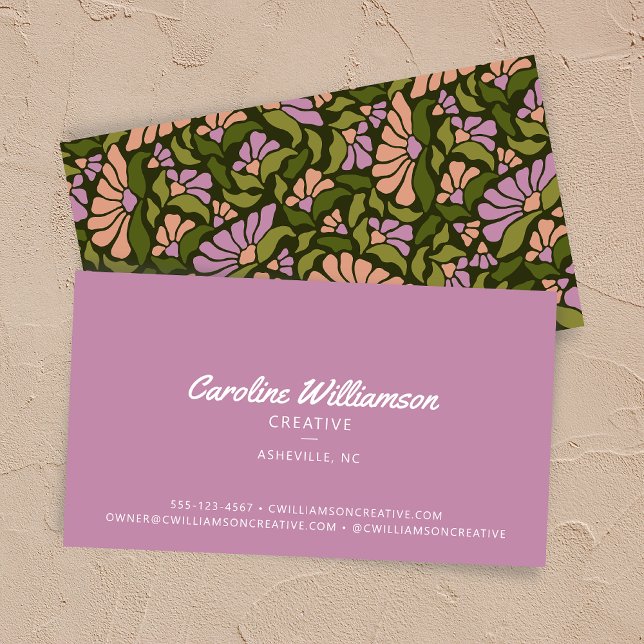 Groovy Retro Boho Purple Green Botanical Trendy Business Card (Creator Uploaded)