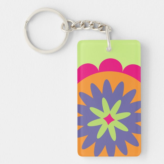 Groovy Retro Botanical Pattern Artwork Key Ring (Front)