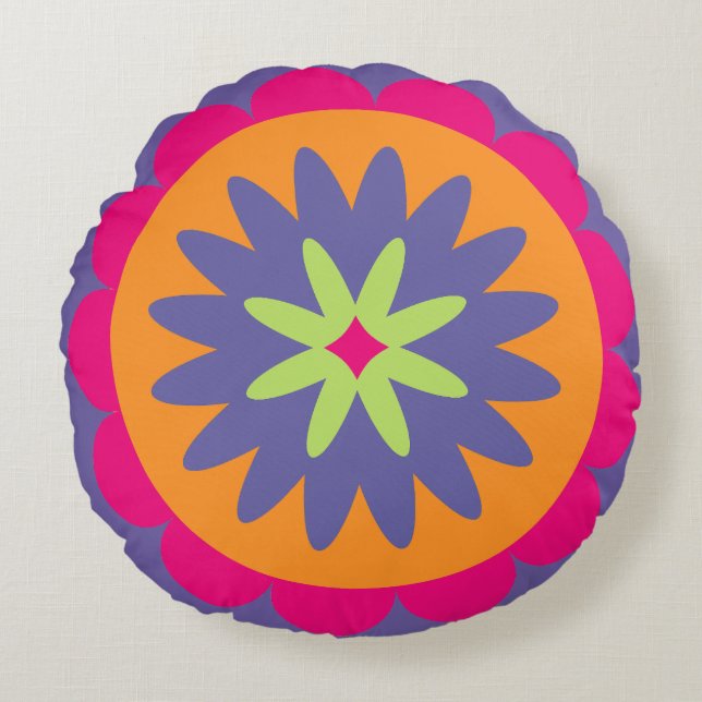 Groovy Retro Botanical Pattern Artwork Round Cushion (Front)