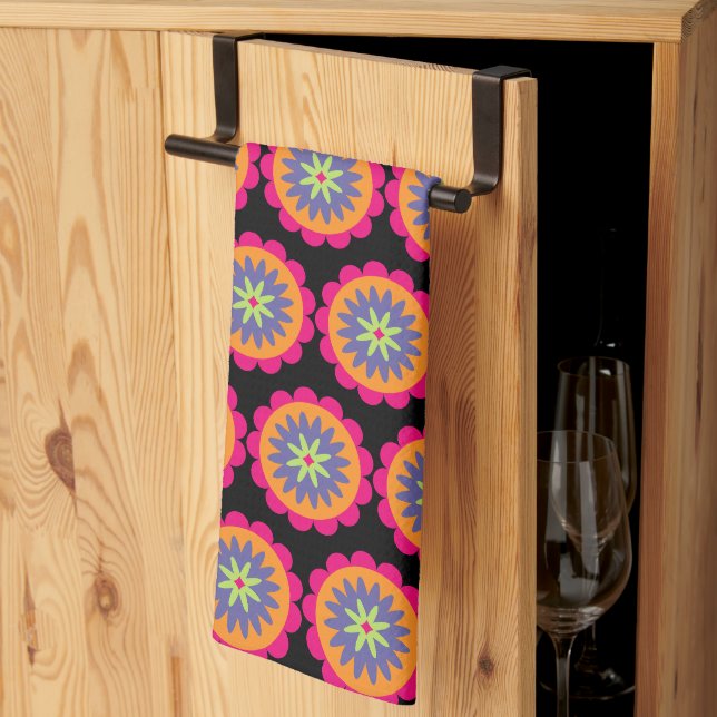 Groovy Retro Botanical Pattern Artwork Tea Towel (Thirds Fold)
