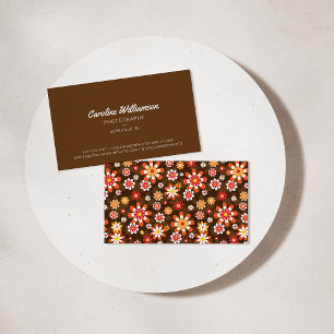 Groovy Retro Brown Orange Botanical Flowers Trendy Business Card