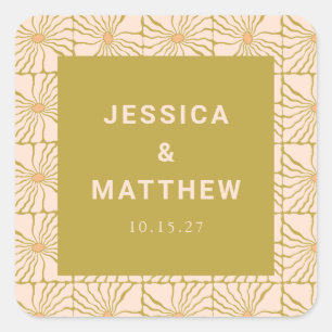 Groovy Retro Chartreuse Botanical Custom Wedding Square Sticker