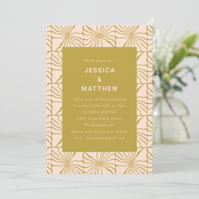 Groovy Retro Chartreuse Botanical Trendy Wedding Invitation (Standing Front)