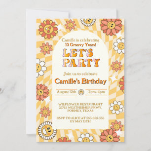 Groovy Retro Chequerboard  daisy birthday  Invitation