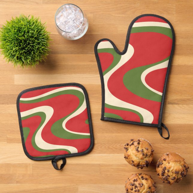Groovy Retro Christmas Swirl Pattern Oven Mitt & Pot Holder Set (Top Down)