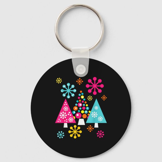 Groovy Retro Christmas Trees And Snowflakes  Key Ring (Front)