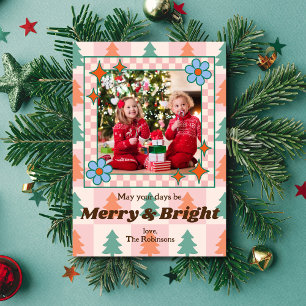 Groovy Retro Christmas Trees Pattern Photo Frame Holiday Card