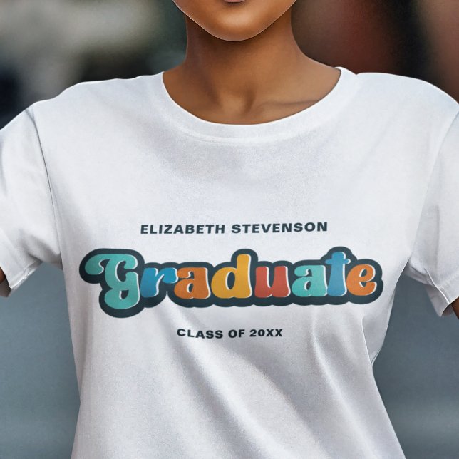 Groovy retro colourful Graduate with name T-Shirt (Creator Uploaded)