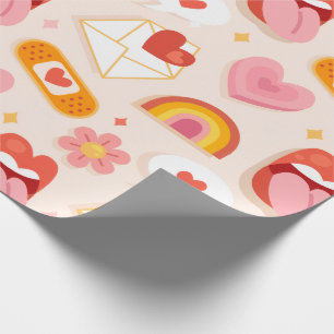 Groovy Retro Cute Love Pattern with Hearts Wrapping Paper