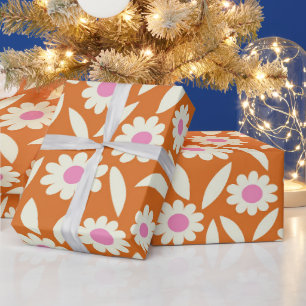 Groovy Retro Daisies Floral Pattern on orange    Wrapping Paper