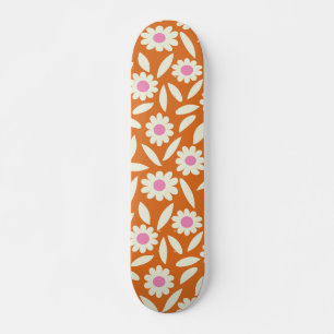 Groovy Retro Daisies Flowers Pattern on orange Skateboard
