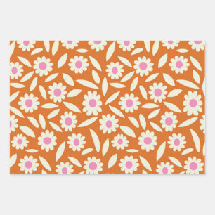 Groovy Retro Daisies Flowers Pattern on orange  Wrapping Paper Sheet