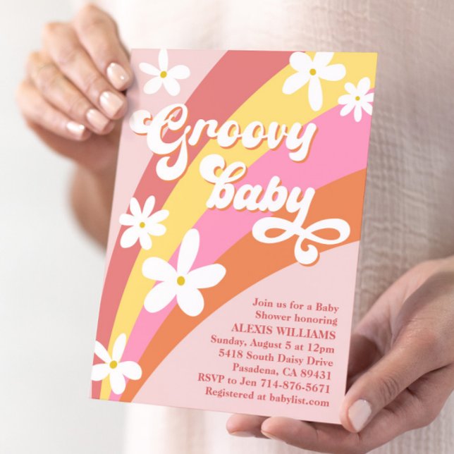 Groovy Retro Daisies Rainbow Baby Shower Invitation (Creator Uploaded)