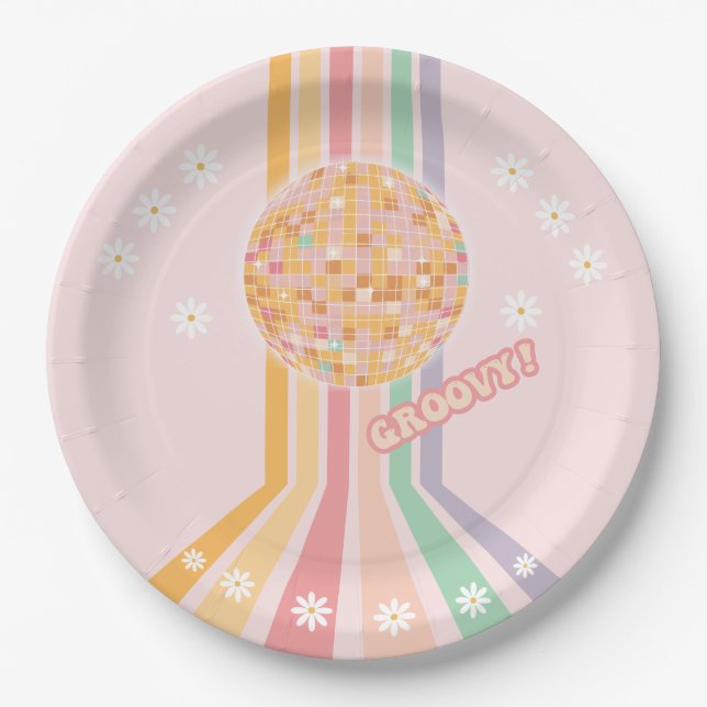 Groovy Retro Daisy Disco Birthday Paper Plate (Front)