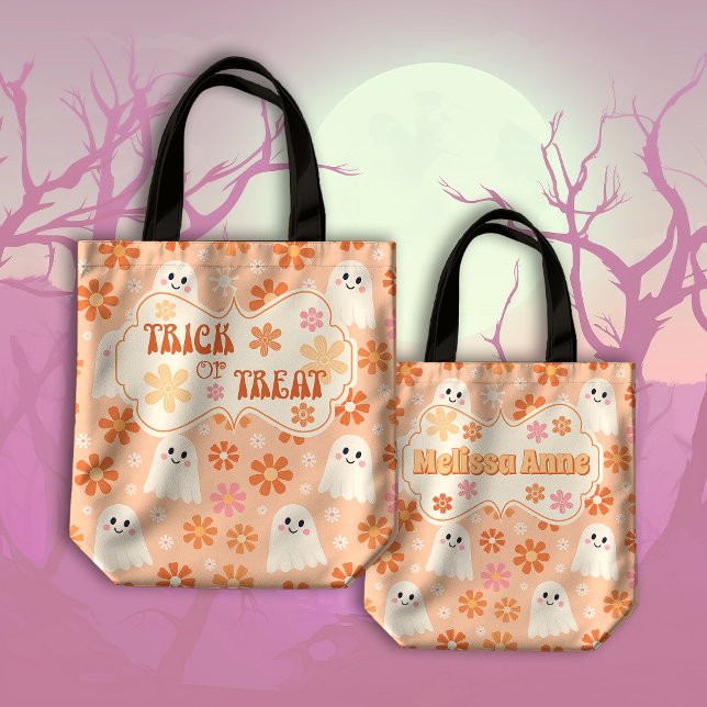 Groovy Retro Daisy Ghosts Peachy Trick or Treat Tote Bag (Creator Uploaded)