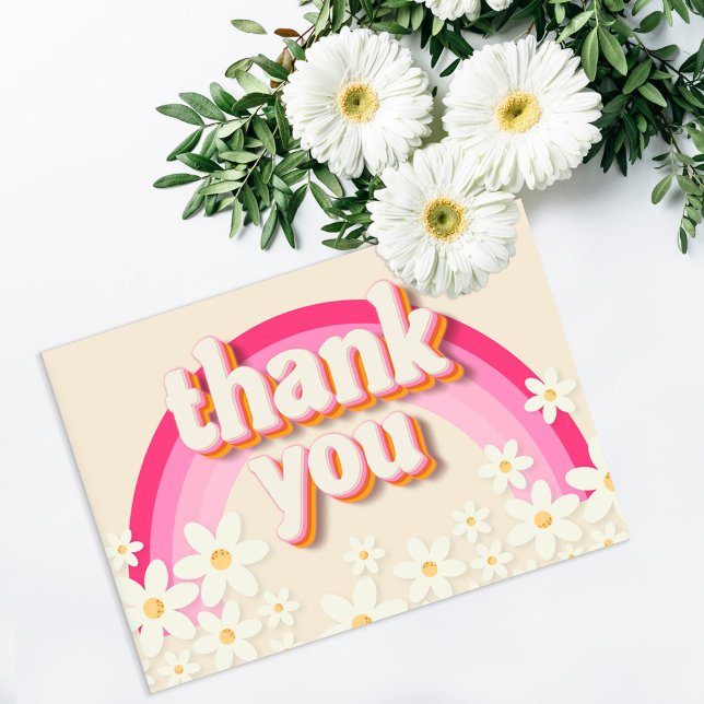Groovy Retro Daisy Pink Rainbow Thank You Card – B (Creator Uploaded)