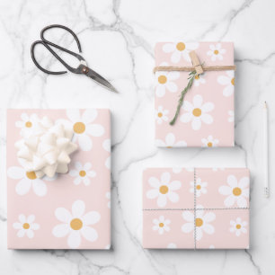 Groovy Retro Daisy Pink Wrapping Paper Sheet