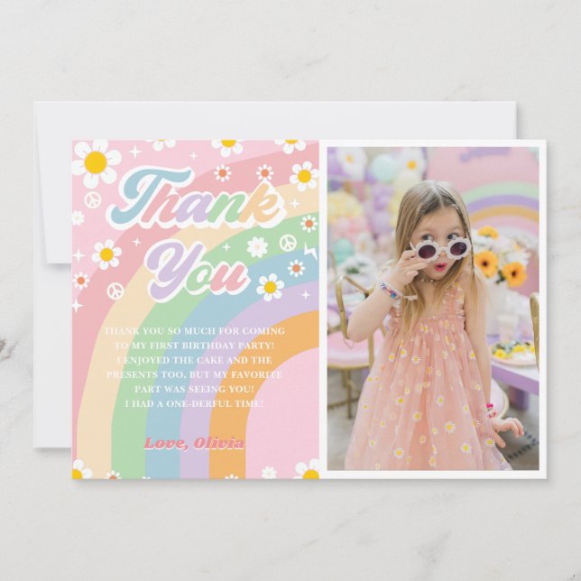 Groovy Retro Daisy Rainbow Birthday Thank You Card (Front)