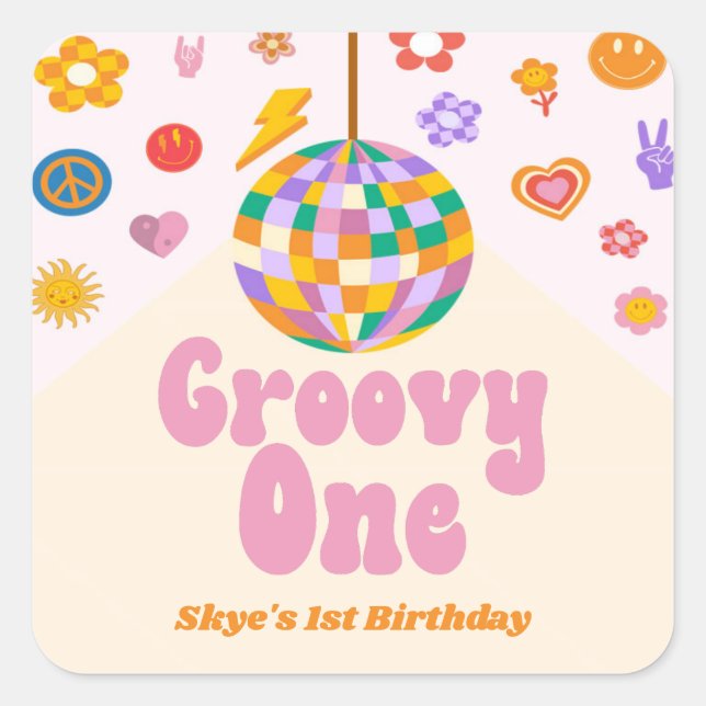Groovy Retro Disco Ball 1st Birthday Party Favour Square Sticker (Front)