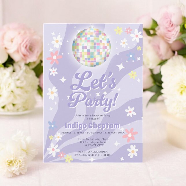 Groovy retro disco ball 70's floral Sweet 16 Invitation (Groovy retro disco ball 70's floral Sweet 16 Invitation)