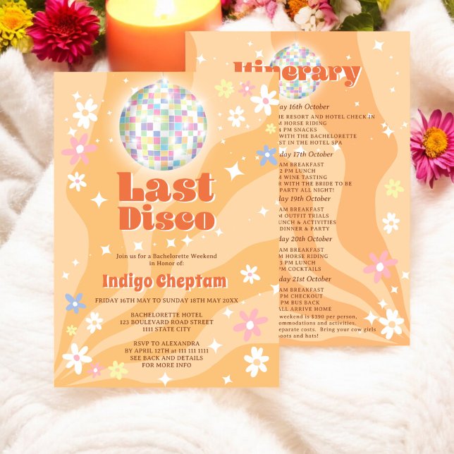Groovy retro disco floral bachelorette weekend invitation (Groovy retro disco floral bachelorette weekend invitation)