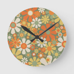 Groovy Retro Floral 60s 70s Flowers Round Clock