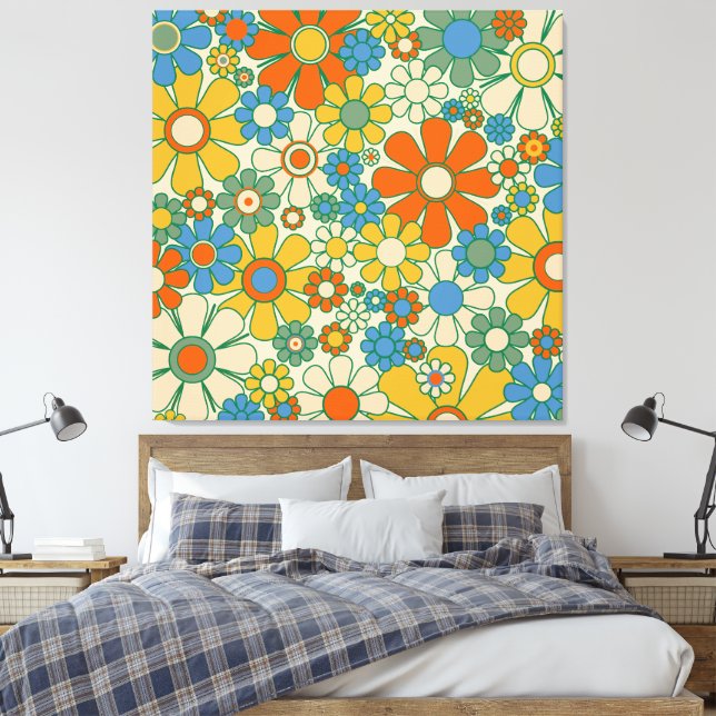 Groovy Retro Floral 60s 70s Pattern Canvas Print (Insitu(Bedroom))