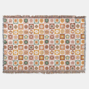 Groovy Retro Floral Checked Throw Blanket